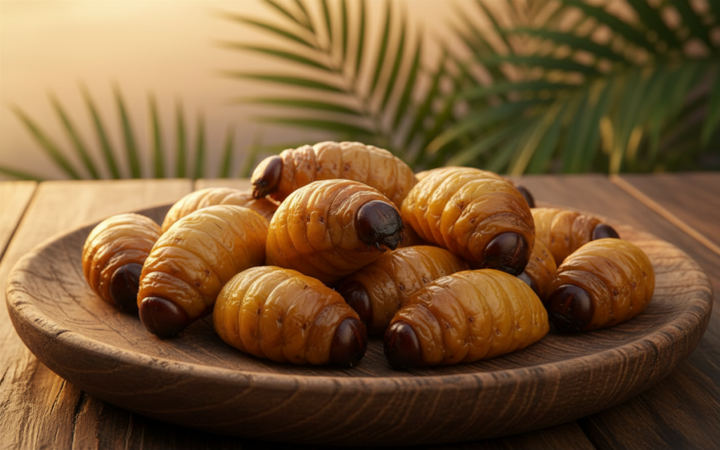 Vers de palmier grillés sur plateau tropical, défi Koh Lanta insectes comestibles