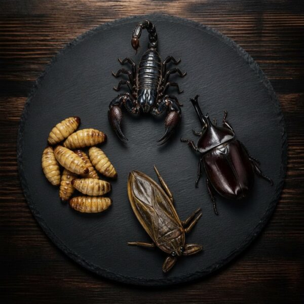 Pack Extrême 4 insectes comestibles géants - Scorpion noir scarabée punaise d'eau vers de palmier - FutureNutrition